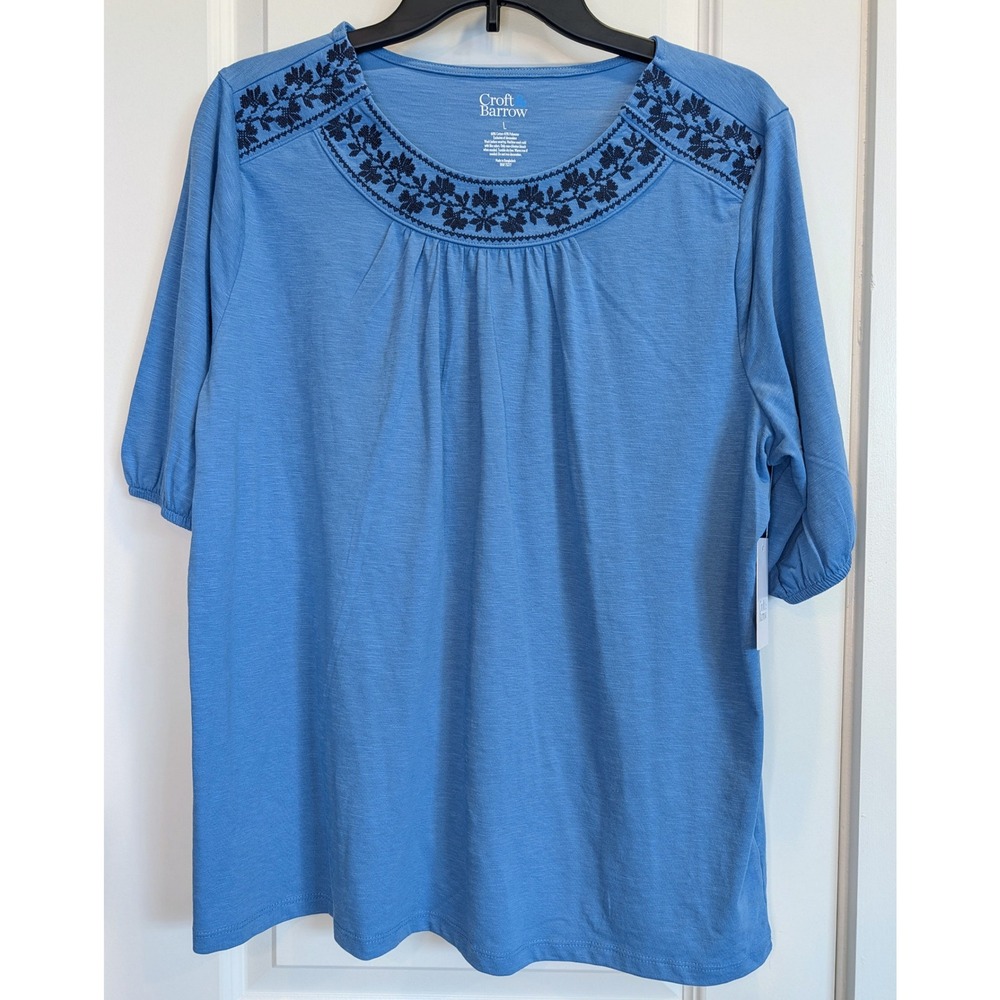 Croft & Barrow Embroidered Blue Scoop Neck Blouse